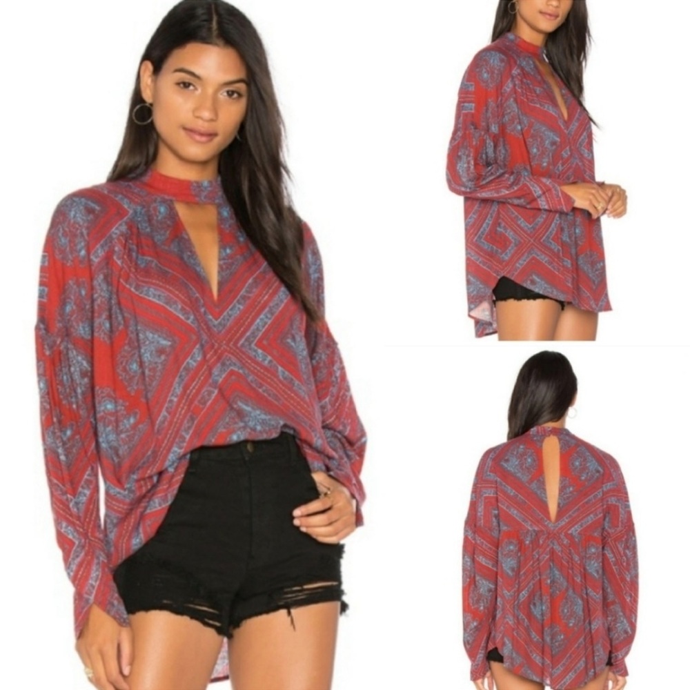 FREE PEOPLE walking on a dream tunic top red blue combo large boho